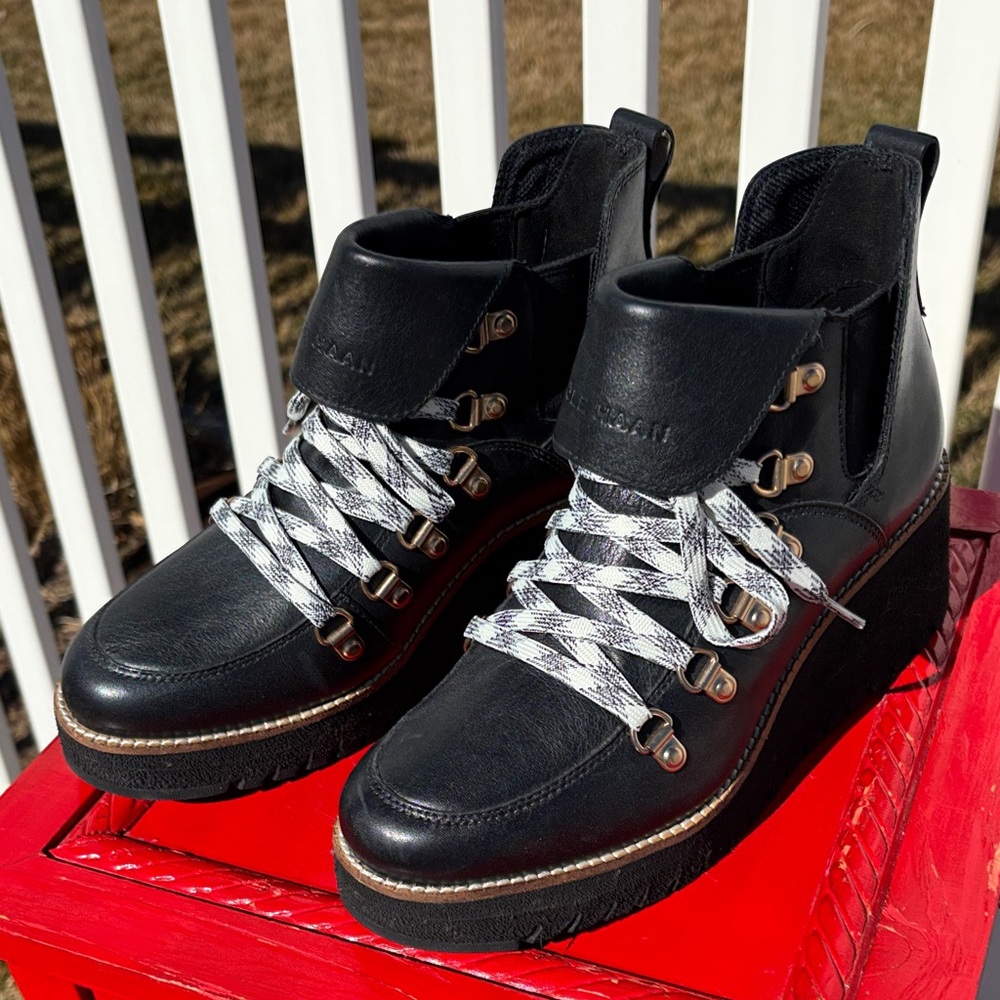 Cole Haan Black Leather Slip on Hiking Style Wedges, Size 7 Never Worn